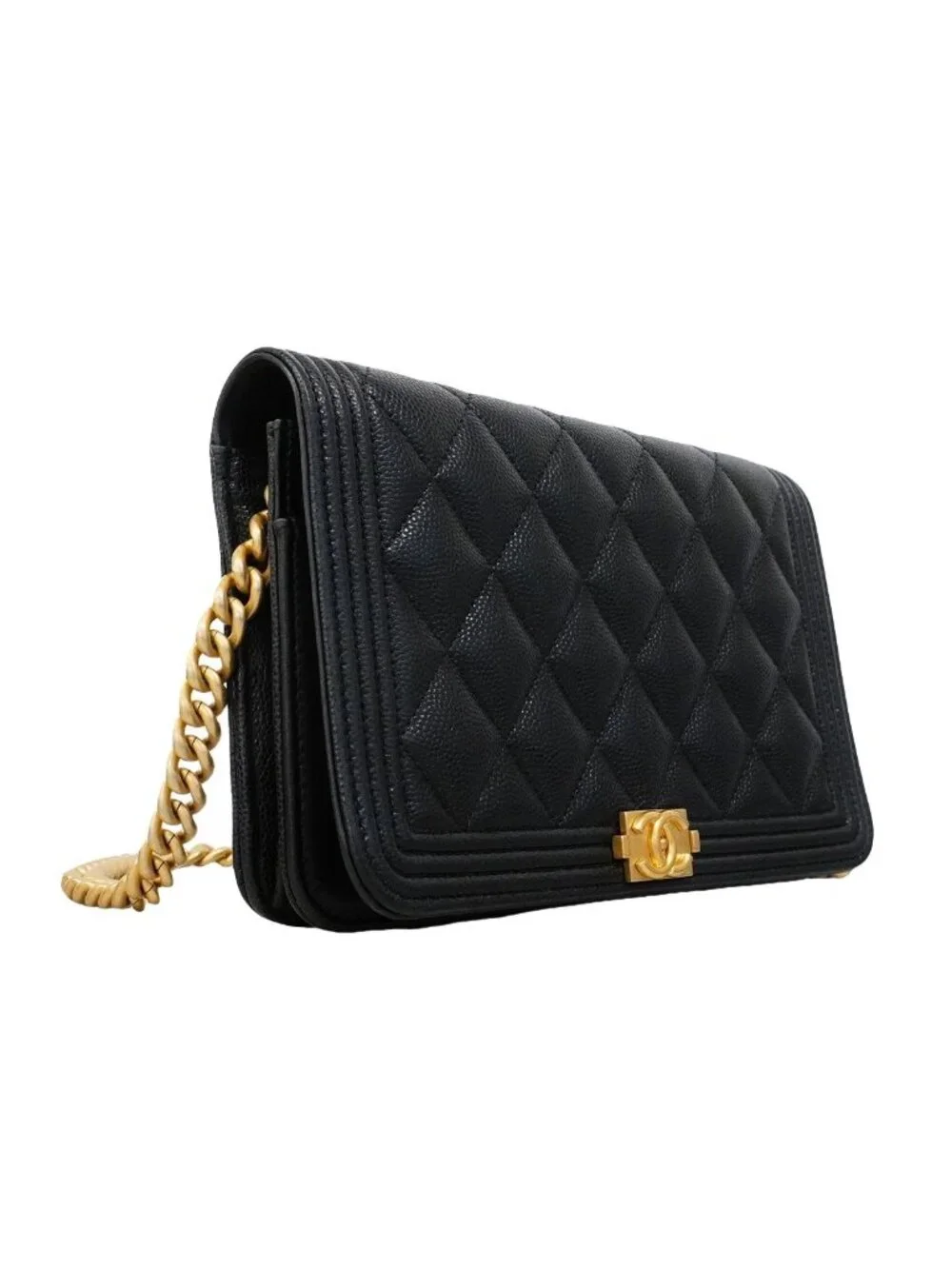 Chanel Shoulder Wallet Boy Caviar Leather Black Gold